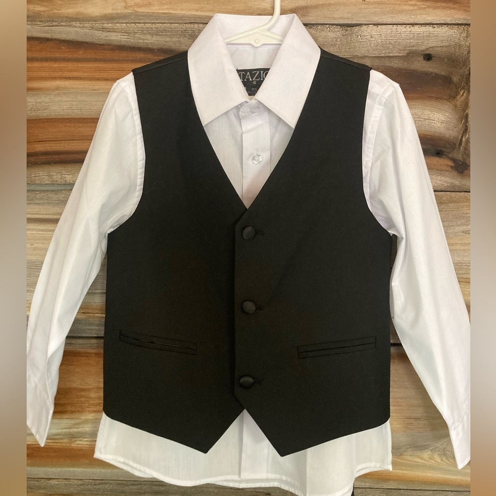 Size 6 boys white button down shirt and black formal 3 button vest